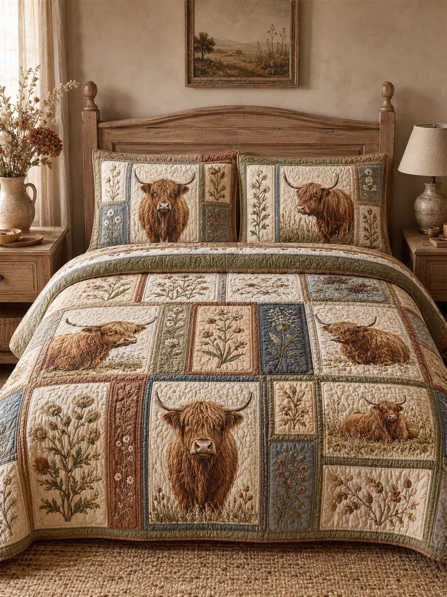 Highland Cow Quilted 3-Piece Bedding Set – Classic Americana Quilted Bedding With Matching Pillow Shams