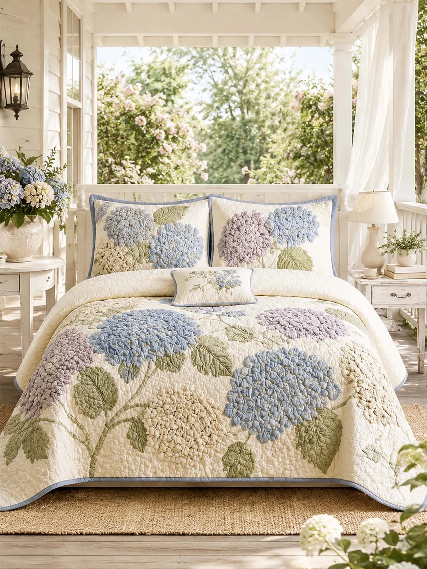 Hydrangea Floral Quilted 3-Piece Bedding Set – Luxury Quilted Bedding with Matching Pillow Shams