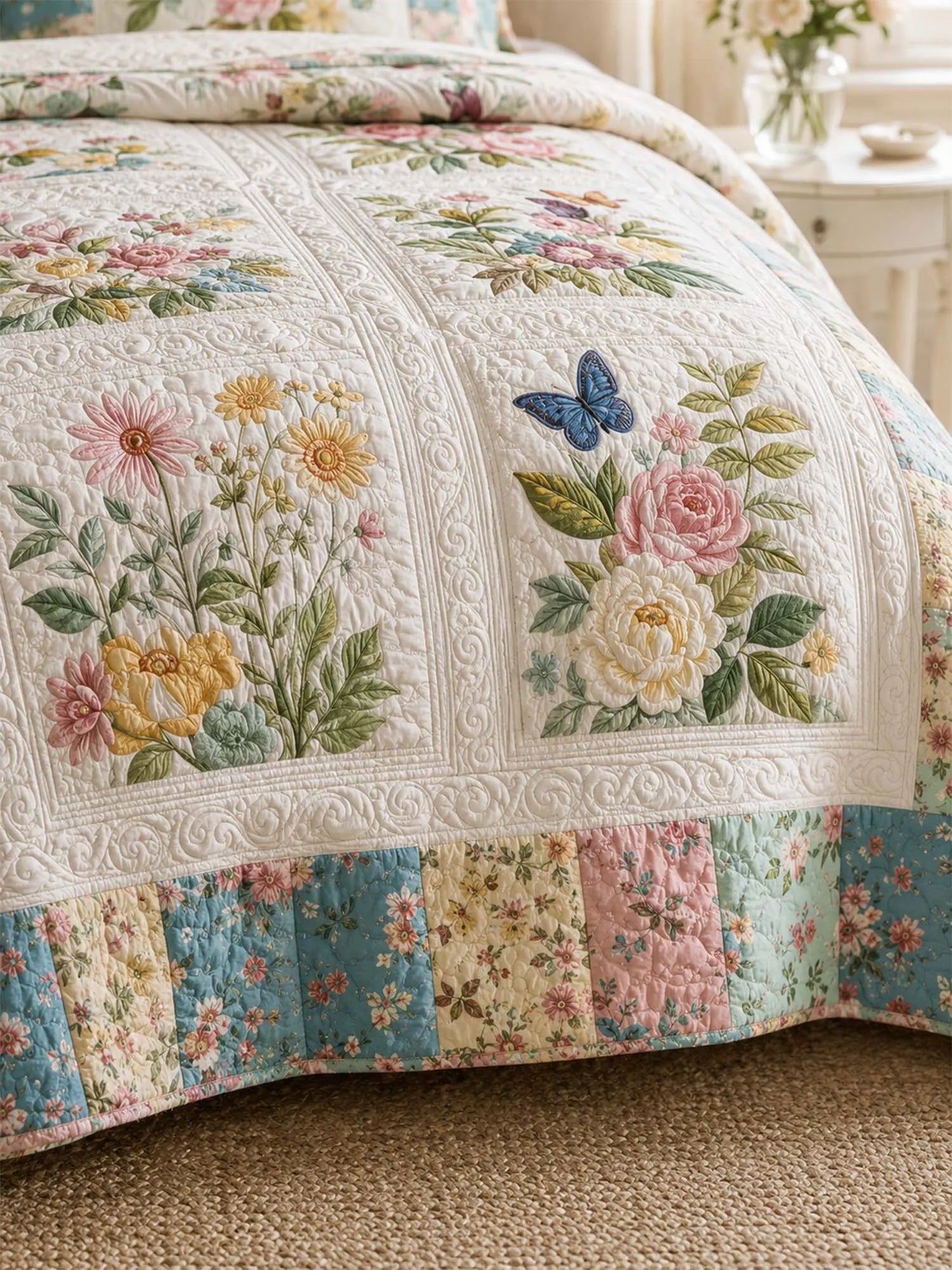 Vintage Floral Garden Quilted 3-Piece Bedding Set