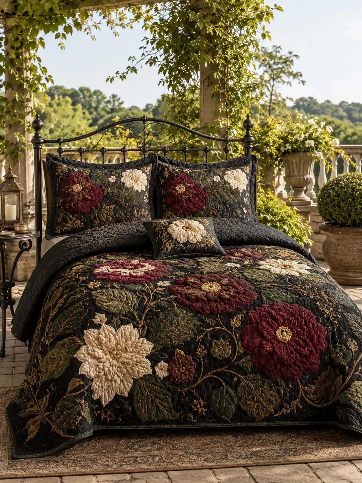 Dark Botanical Floral Quilted 3-Piece Bedding Set – Luxury Quilted Bedding with Matching Pillow Shams