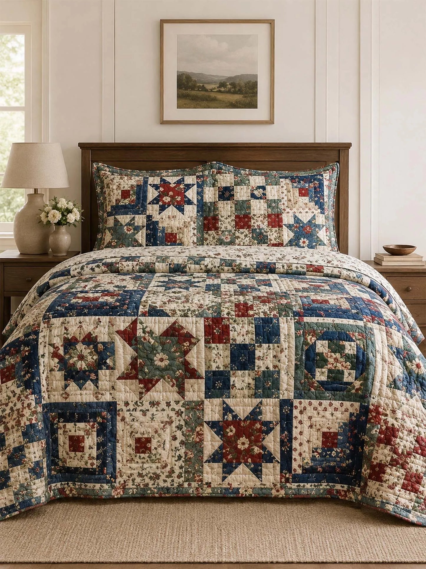 Vintage Patchwork Quilted 3-Piece Bedding Set – Classic Americana Quilted Bedding With Matching Pillow Shams