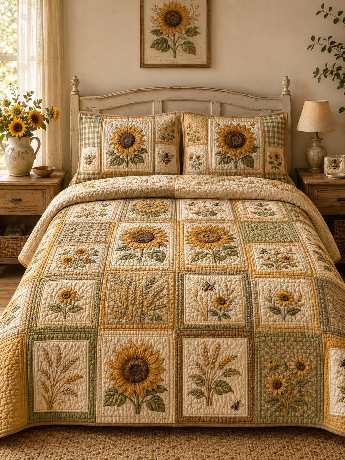 Sunflower Quilted 3-Piece Bedding Set – Classic Americana Quilted Bedding With Matching Pillow Shams