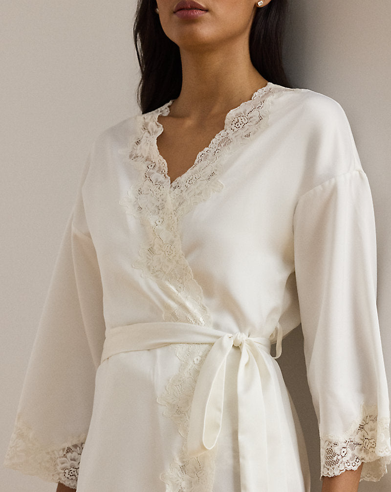 Lace-Trim Satin Robe Ivory