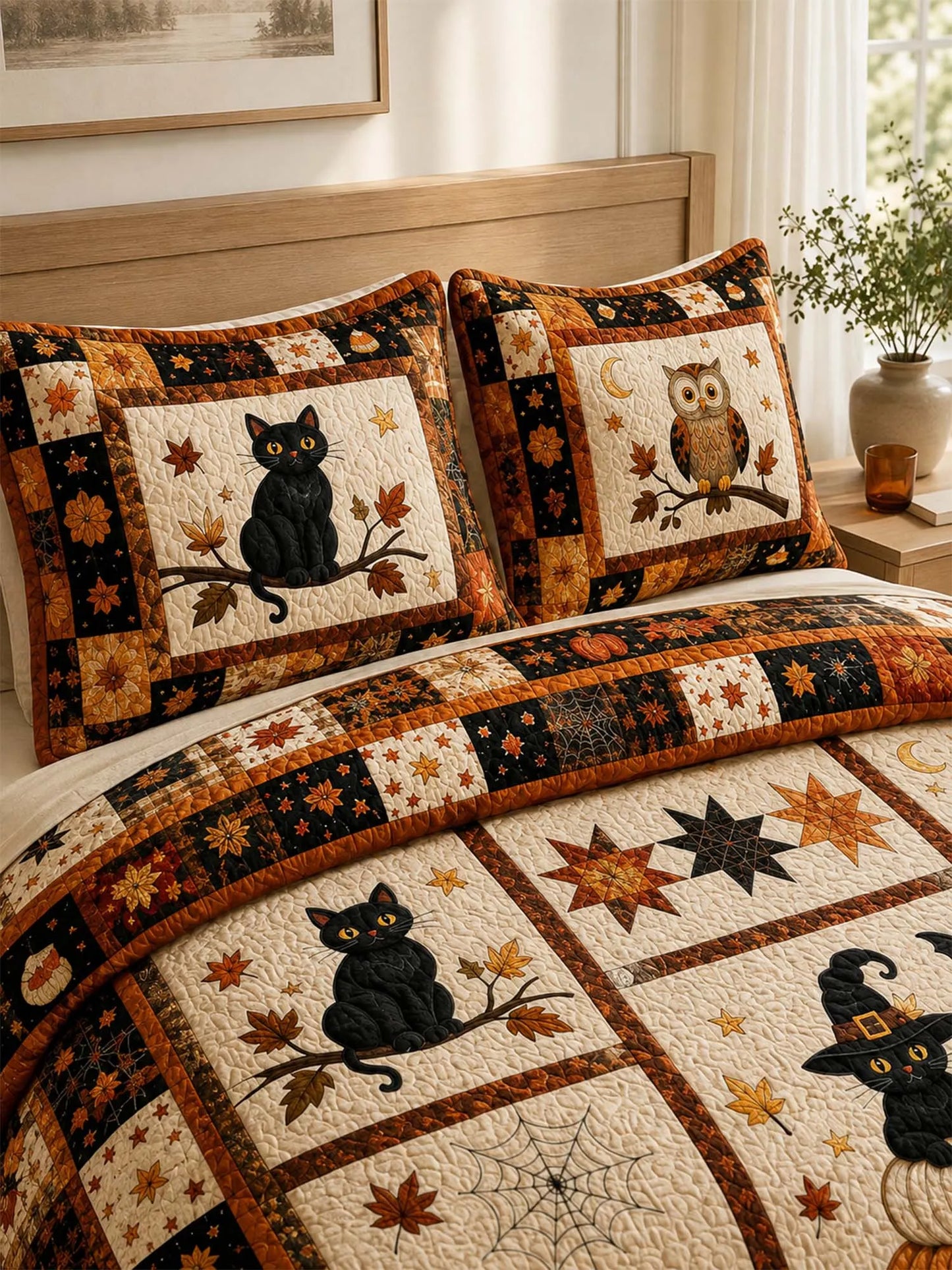 Black Cat Halloween Pumpkin Quilted 3-Piece Bedding Set