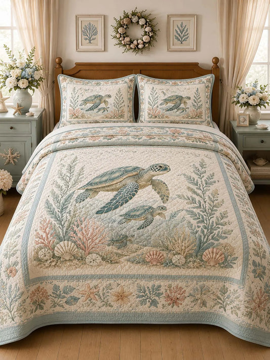 Vintage Nautical Ocean Turtle Seagrass Floral 3‐Piece Quilted Bedding Set