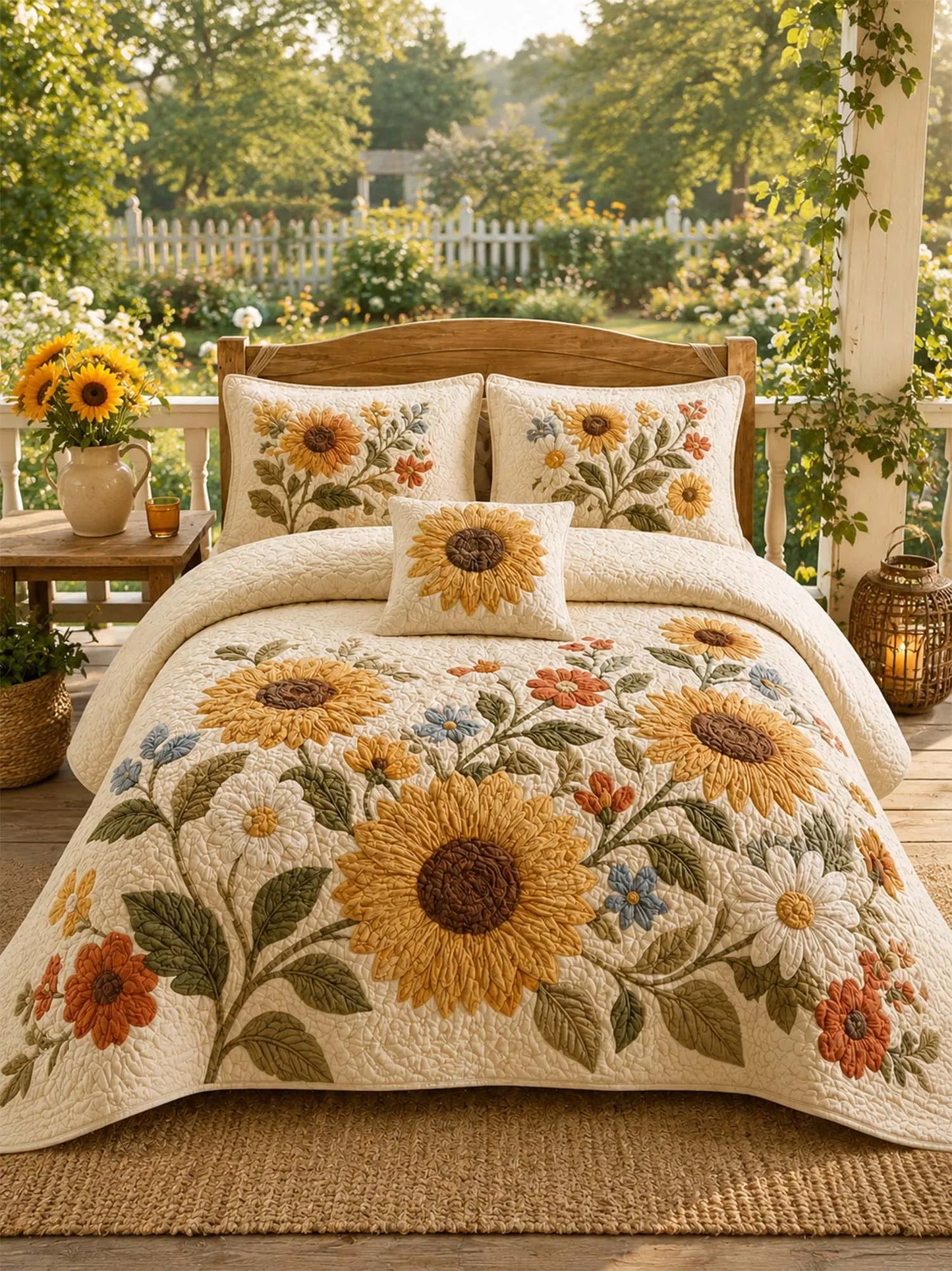 Farmhouse Sunflower Floral Quilted Bedding Set – Cozy Luxury Quilt Bedding with Matching Pillow Shams