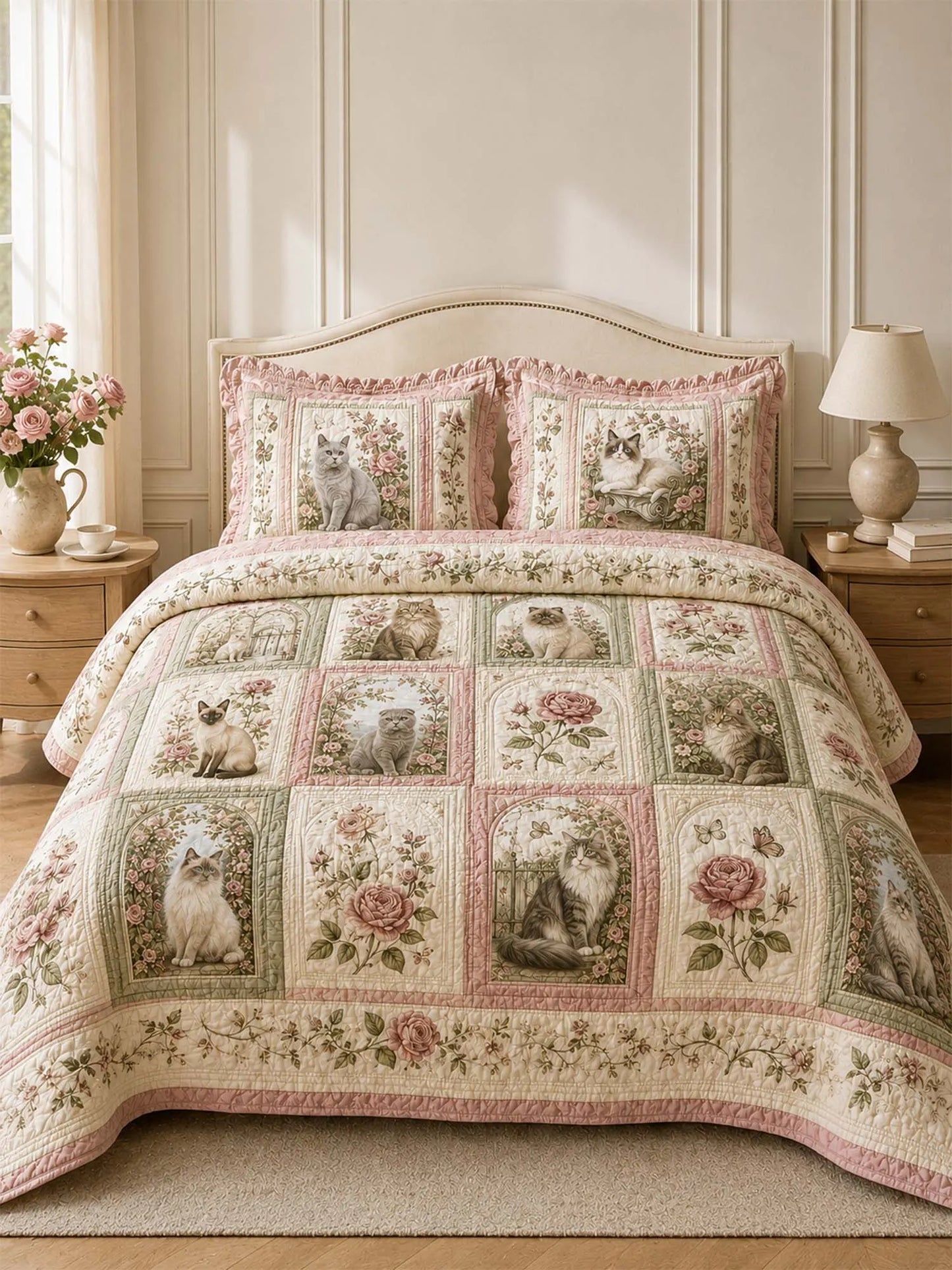 Vintage Rose Cat Garden Quilted 3-Piece Bedding Set