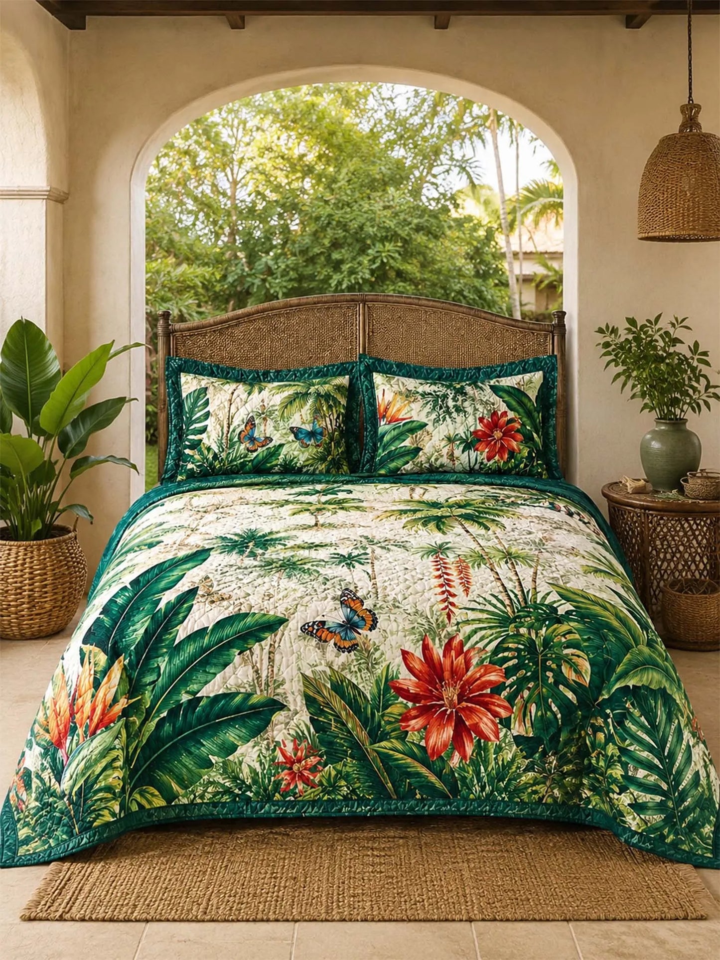 Tropical Botanical Quilted 3-Piece Bedding Set – Luxury Quilted Bedding with Matching Pillow Shams