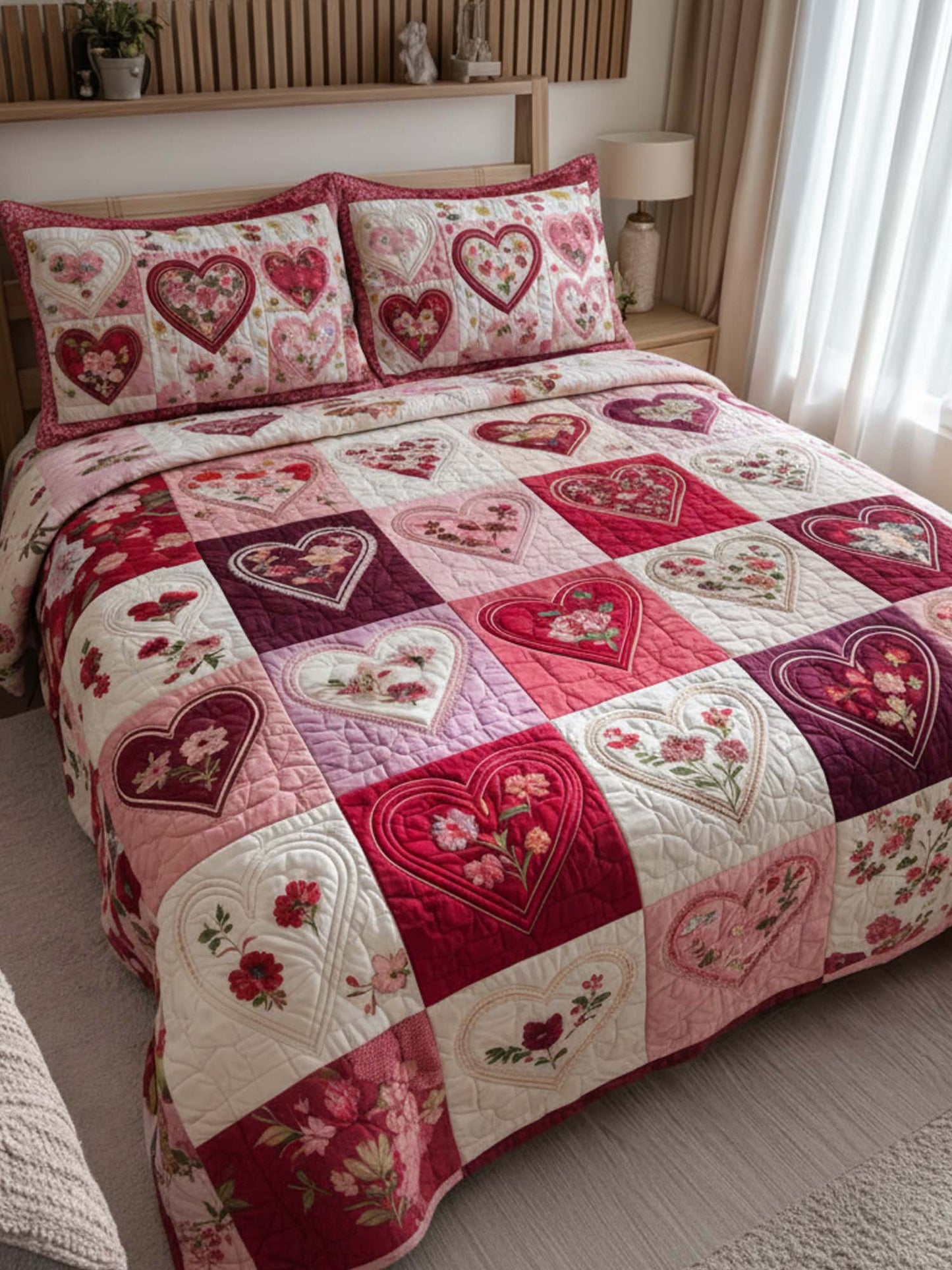 Rose And Heart Valentine's Day 3- Piece Quilted Bedding Set