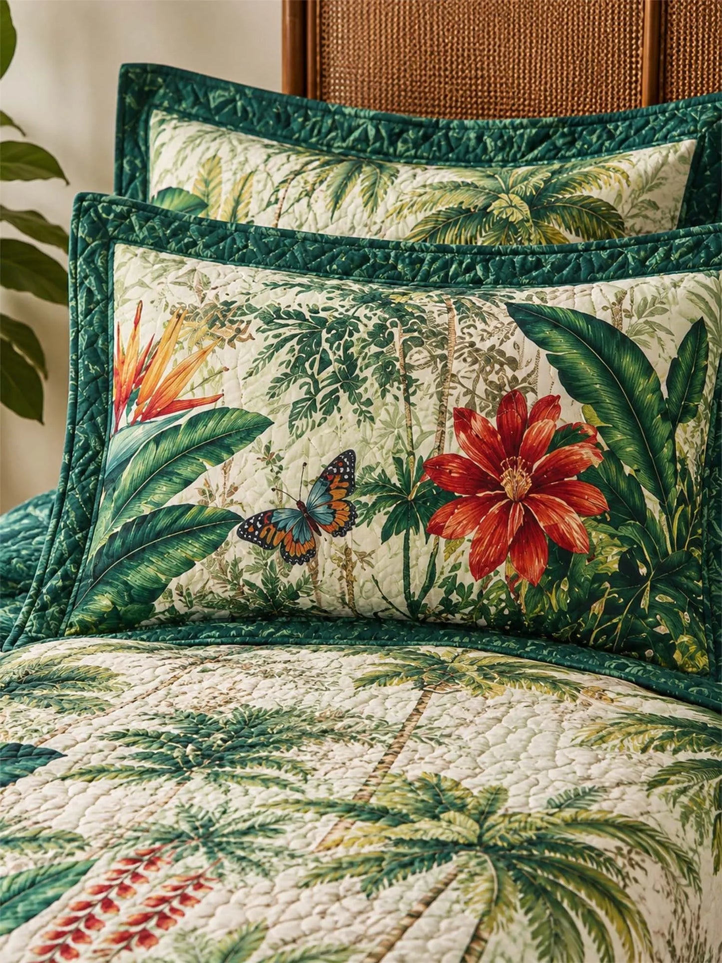 Tropical Botanical Quilted 3-Piece Bedding Set – Luxury Quilted Bedding with Matching Pillow Shams