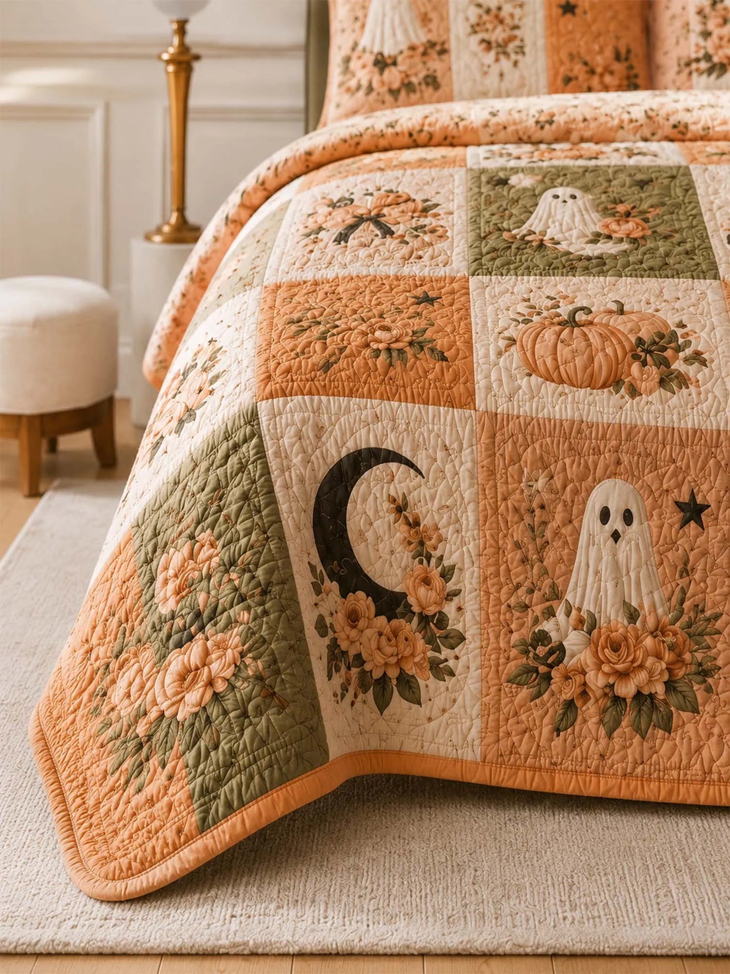 Pumpkin Cat Ghost Garden Quilted 3-Piece Bedding Set