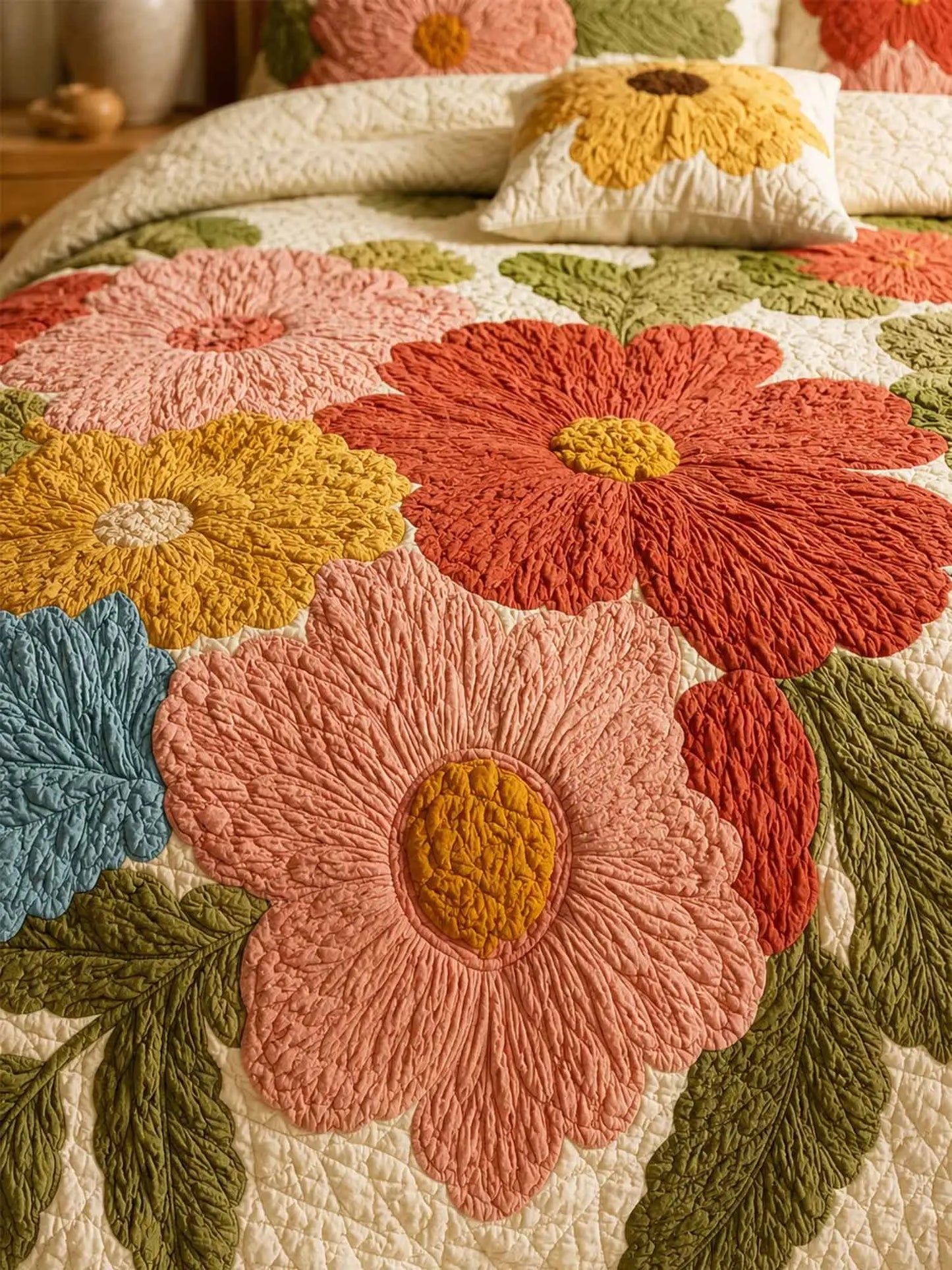 Retro Daisy Patchwork 3-Piece Quilted Bedding Set
