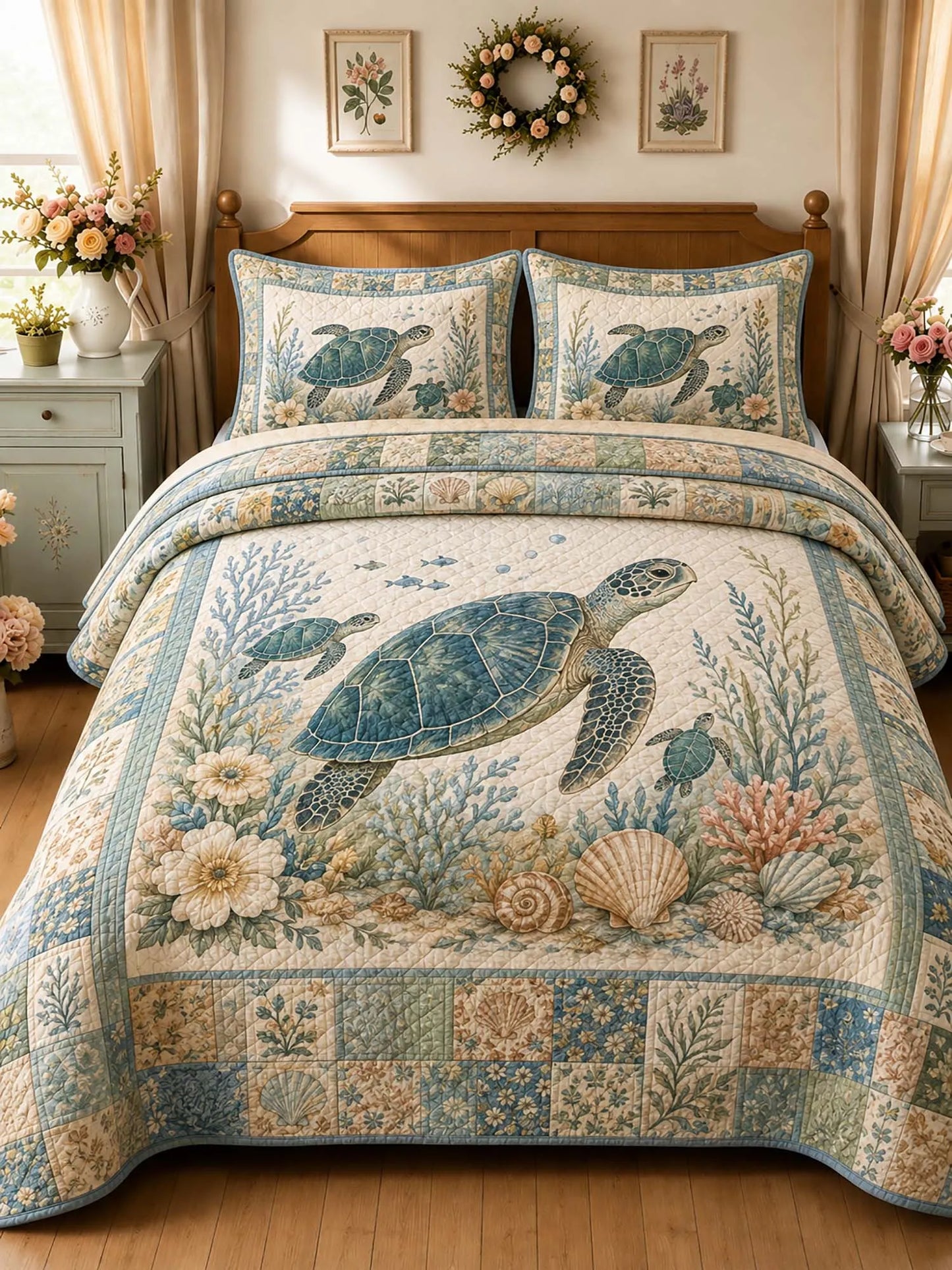 Vintage Ocean Turtle Beach Floral Patchwork 3‐Piece Quilted Bedding Set
