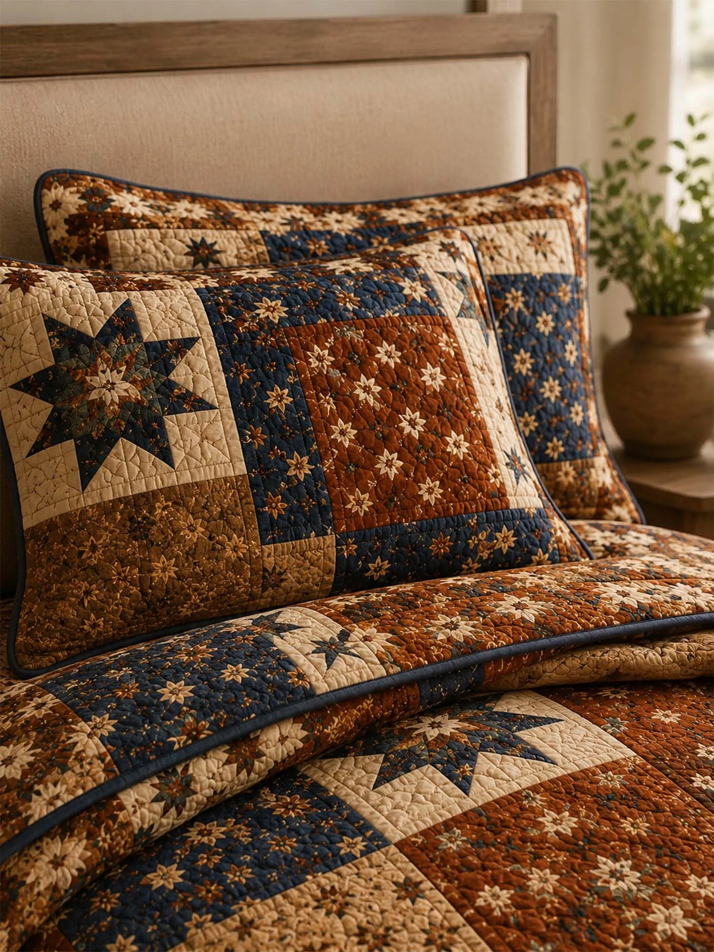 Vintage Patchwork Star Quilted 3-Piece Bedding Set – Heritage Farmhouse Quilted Bedding with Matching Pillow Shams