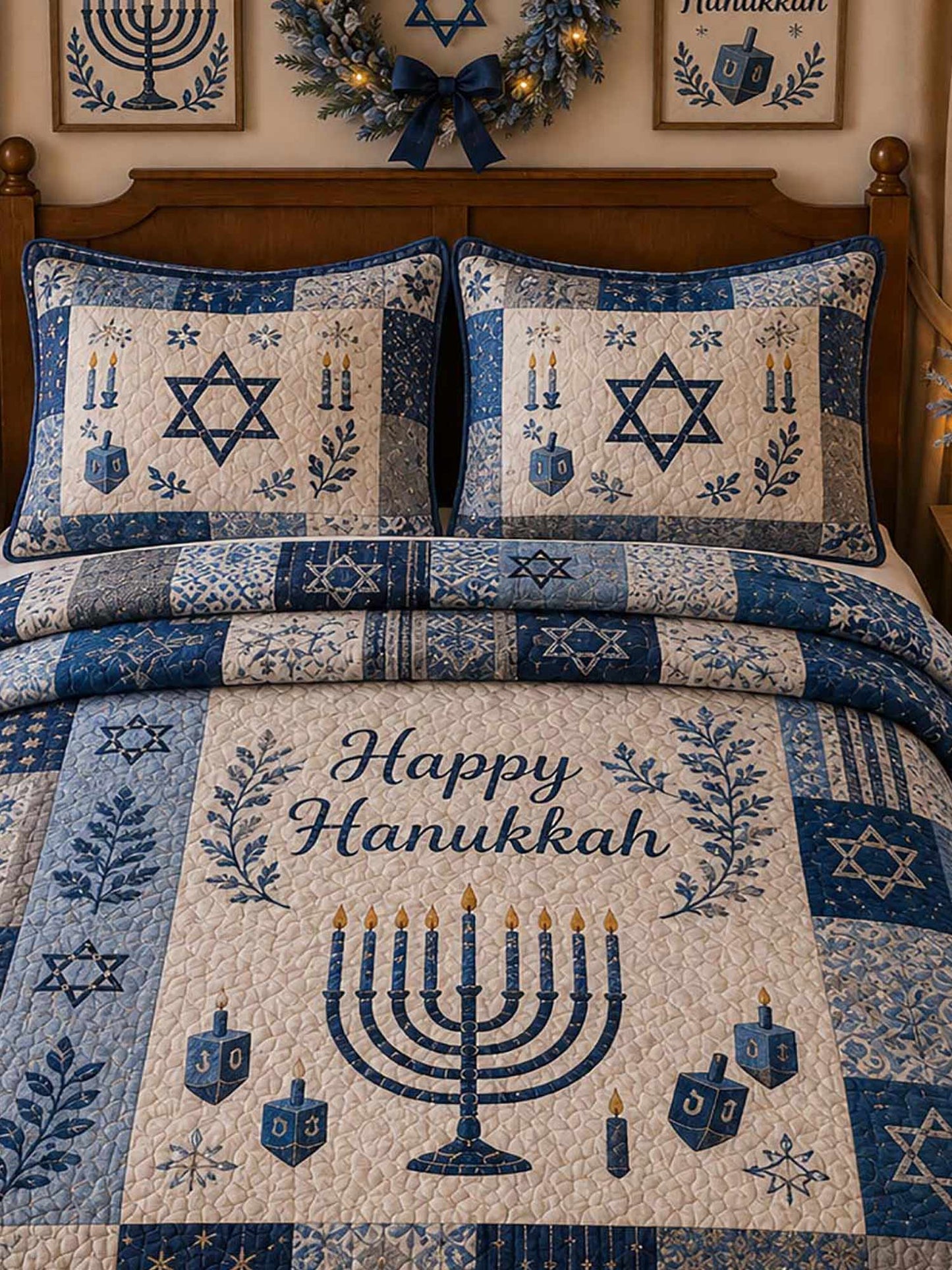 Happy Hanukkah Star of David Farmhouse Patchwork 3‐Piece Quilted Bedding Set