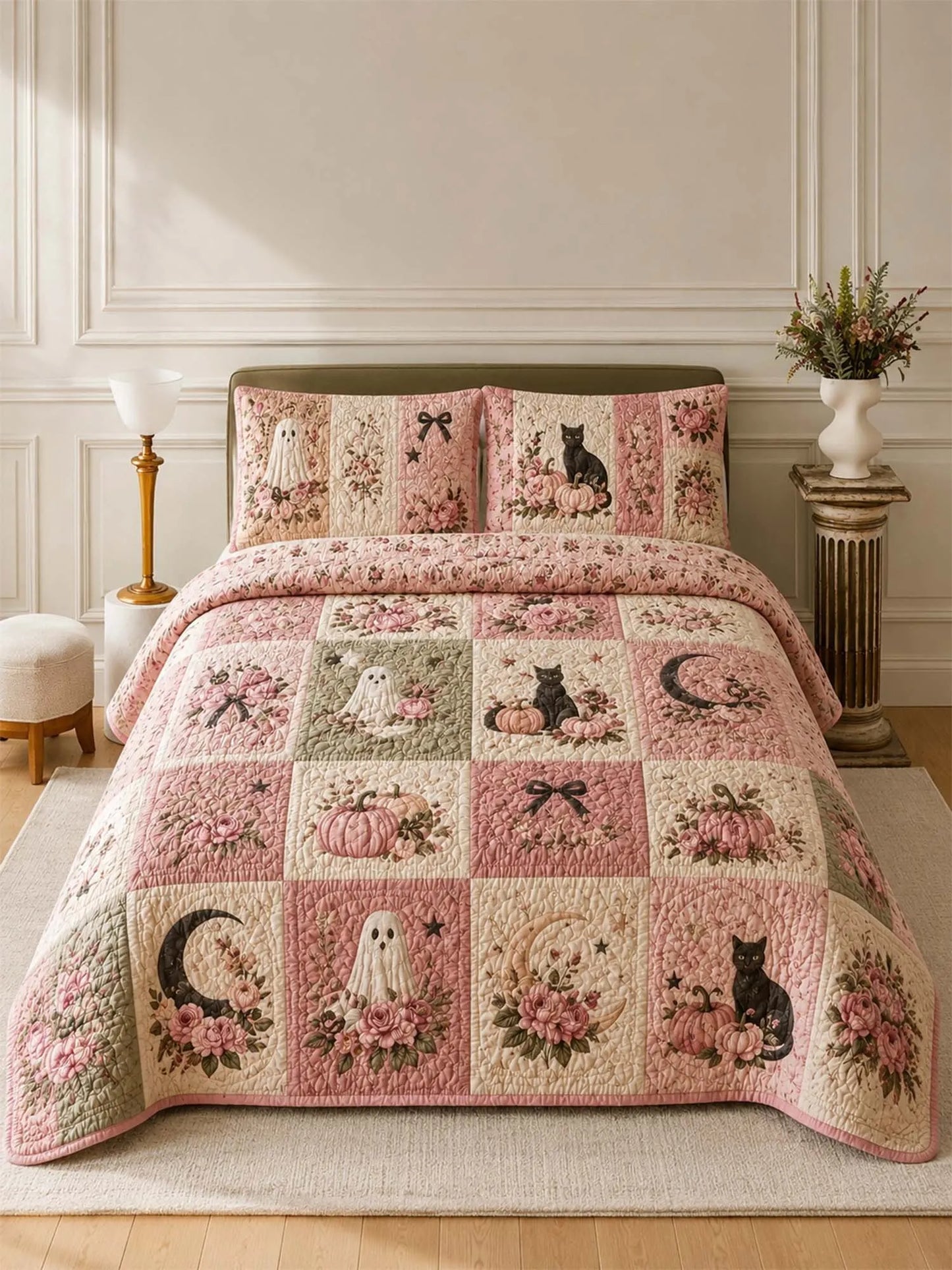 Pumpkin Cat Ghost Garden Quilted 3-Piece Bedding Set