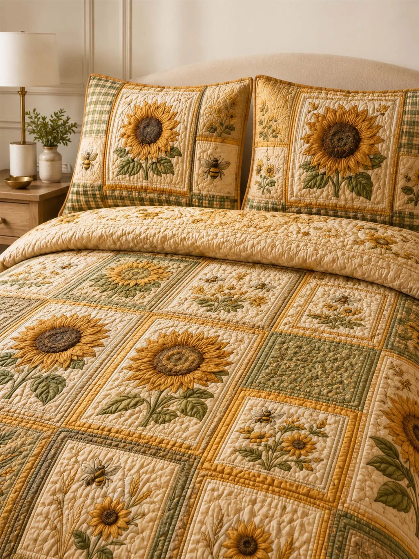 Sunflower Quilted 3-Piece Bedding Set – Classic Americana Quilted Bedding With Matching Pillow Shams