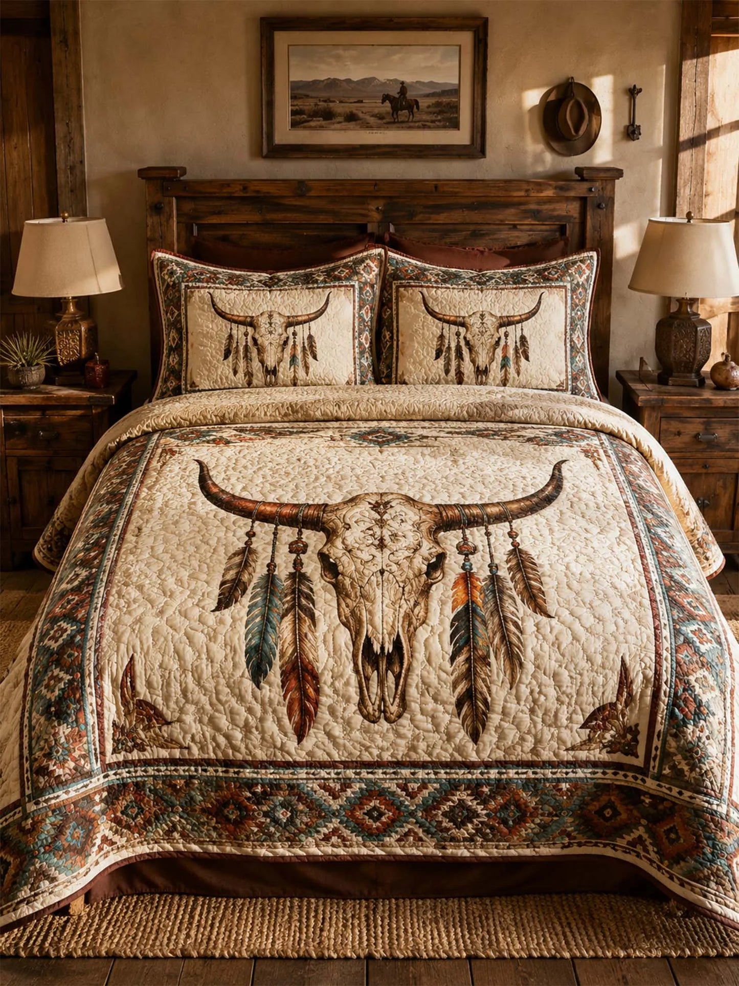 Longhorn Skull Western Quilted 3-Piece Bedding Set – Vintage Ranch Style Quilted Bedding with Matching Pillow Shams