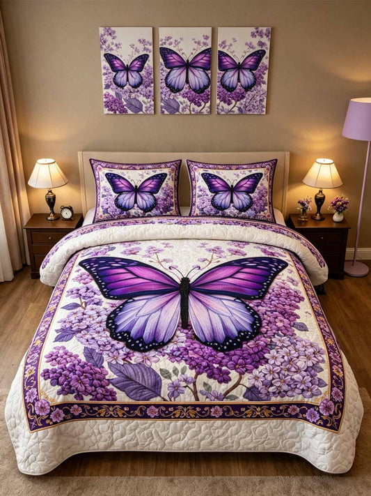 Lavender Butterfly Dream 3-Piece Quilted Bedding Set