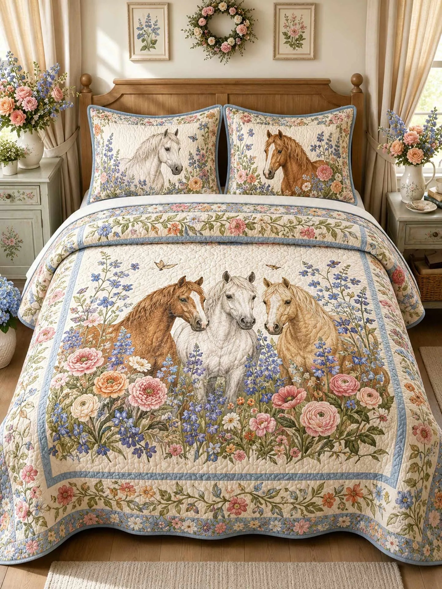 Garden Horse Gathering 3-Piece Quilted Bedding Set