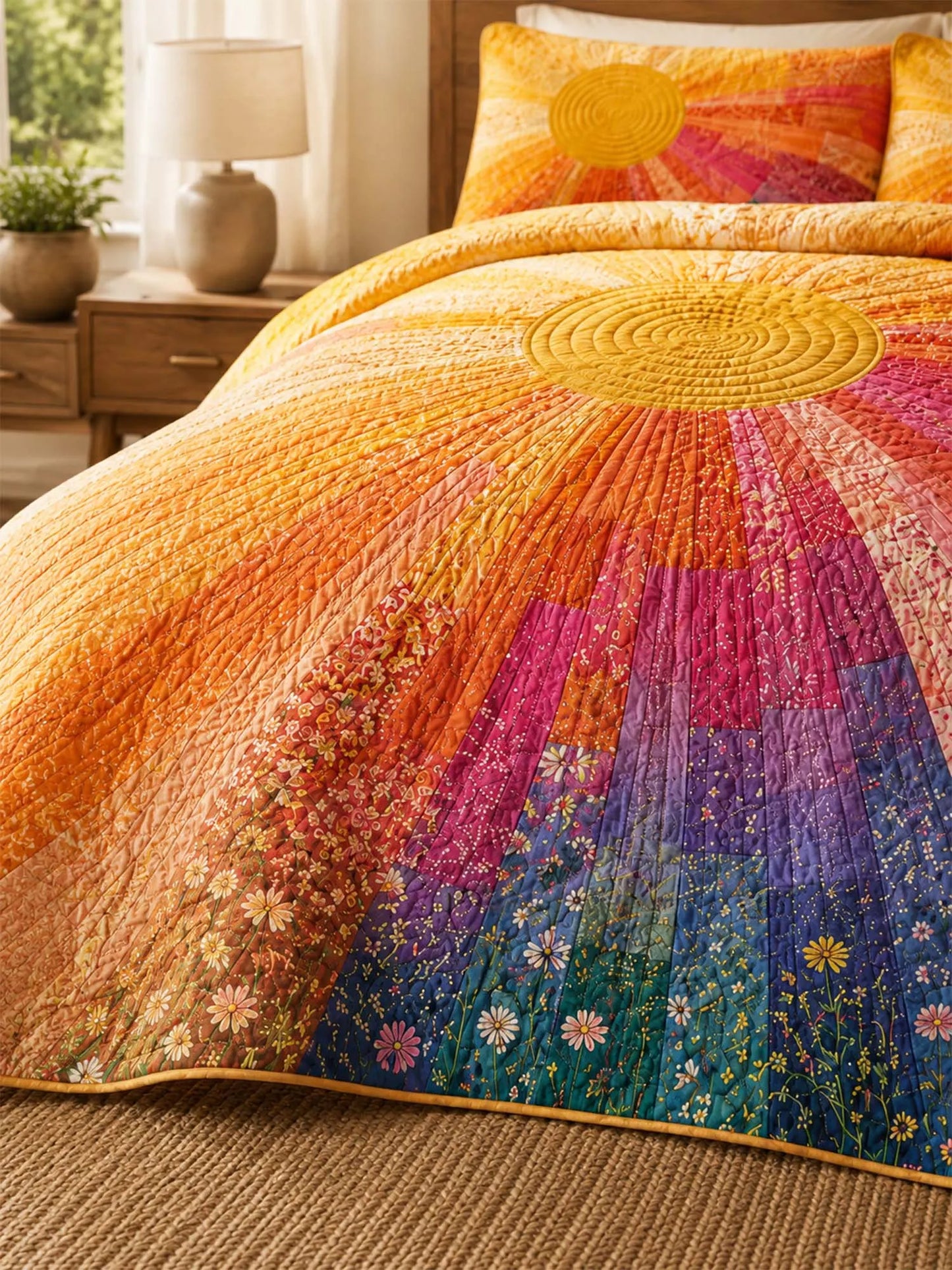 Rainbow Sunburst Quilted 3-Piece Bedding Set – Bohemian Vintage Quilted Bedding With Matching Pillow Shams
