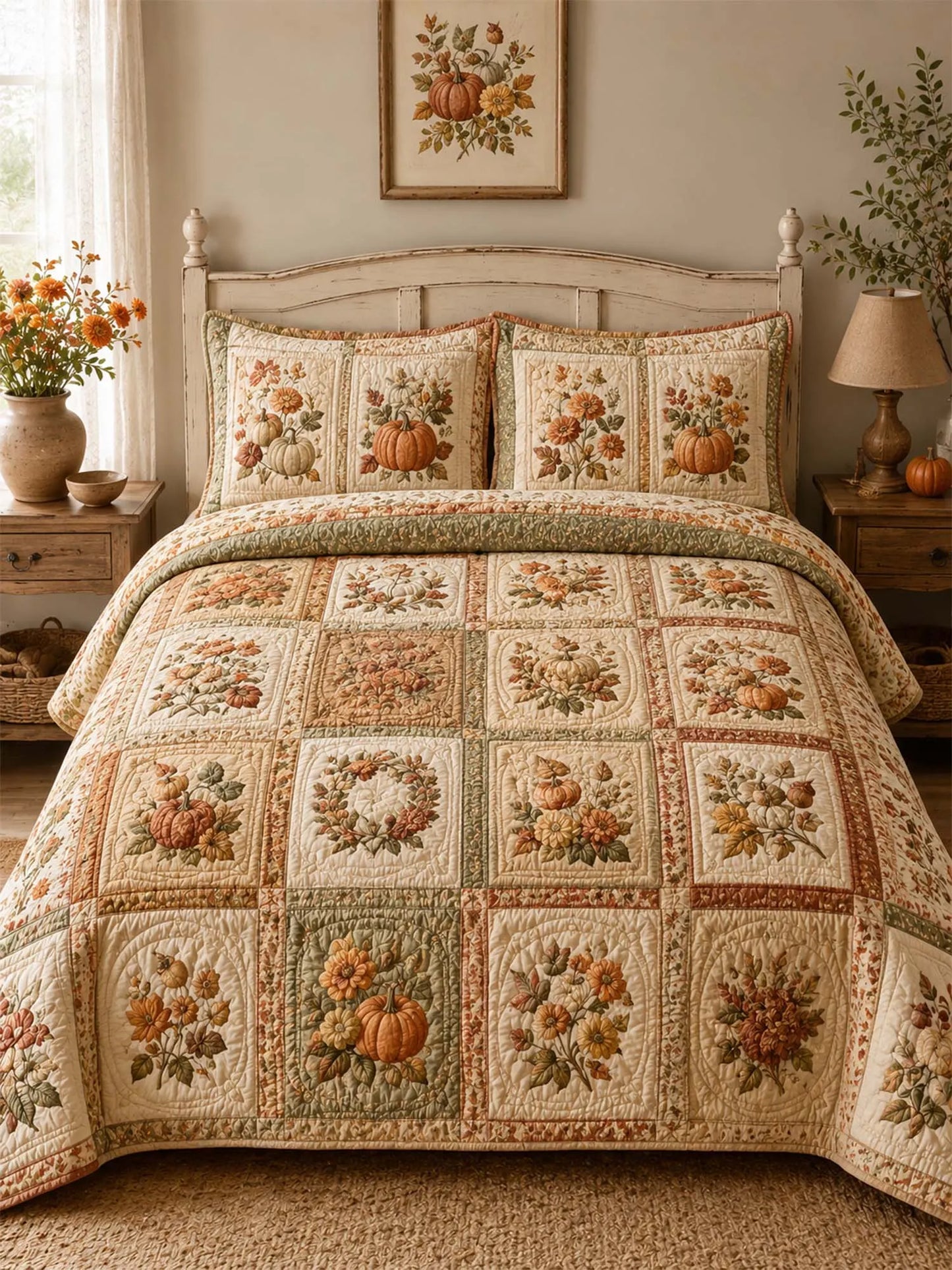 Pumpkin Harvest Quilted 3-Piece Bedding Set – Vintage Farmhouse Quilted Bedding With Matching Pillow Shams