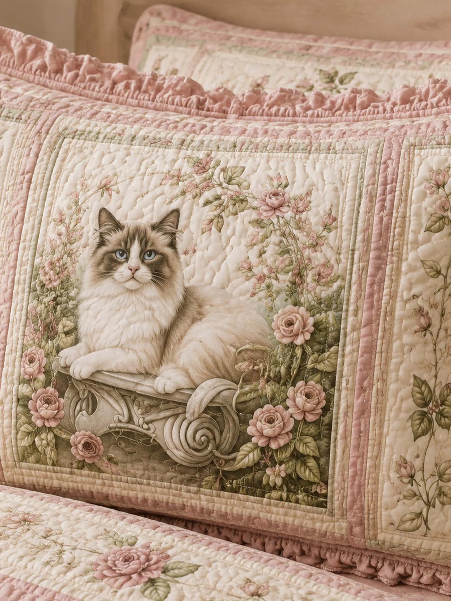 Vintage Rose Cat Garden Quilted 3-Piece Bedding Set
