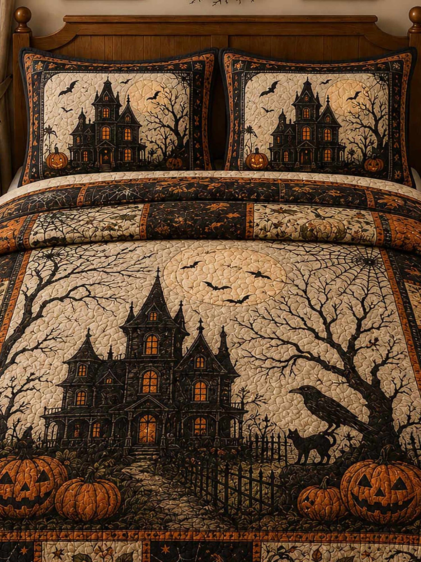 Vintage Halloween Manor Crow Black Cat Patchwork 3‐Piece Quilted Bedding Set