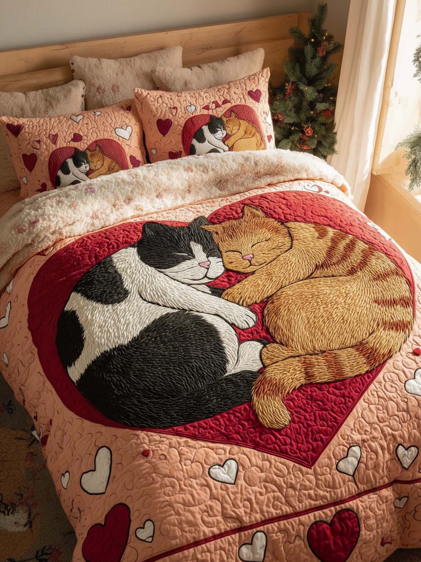 Cat Love Valentine's Day 3- Piece Quilted Bedding Set