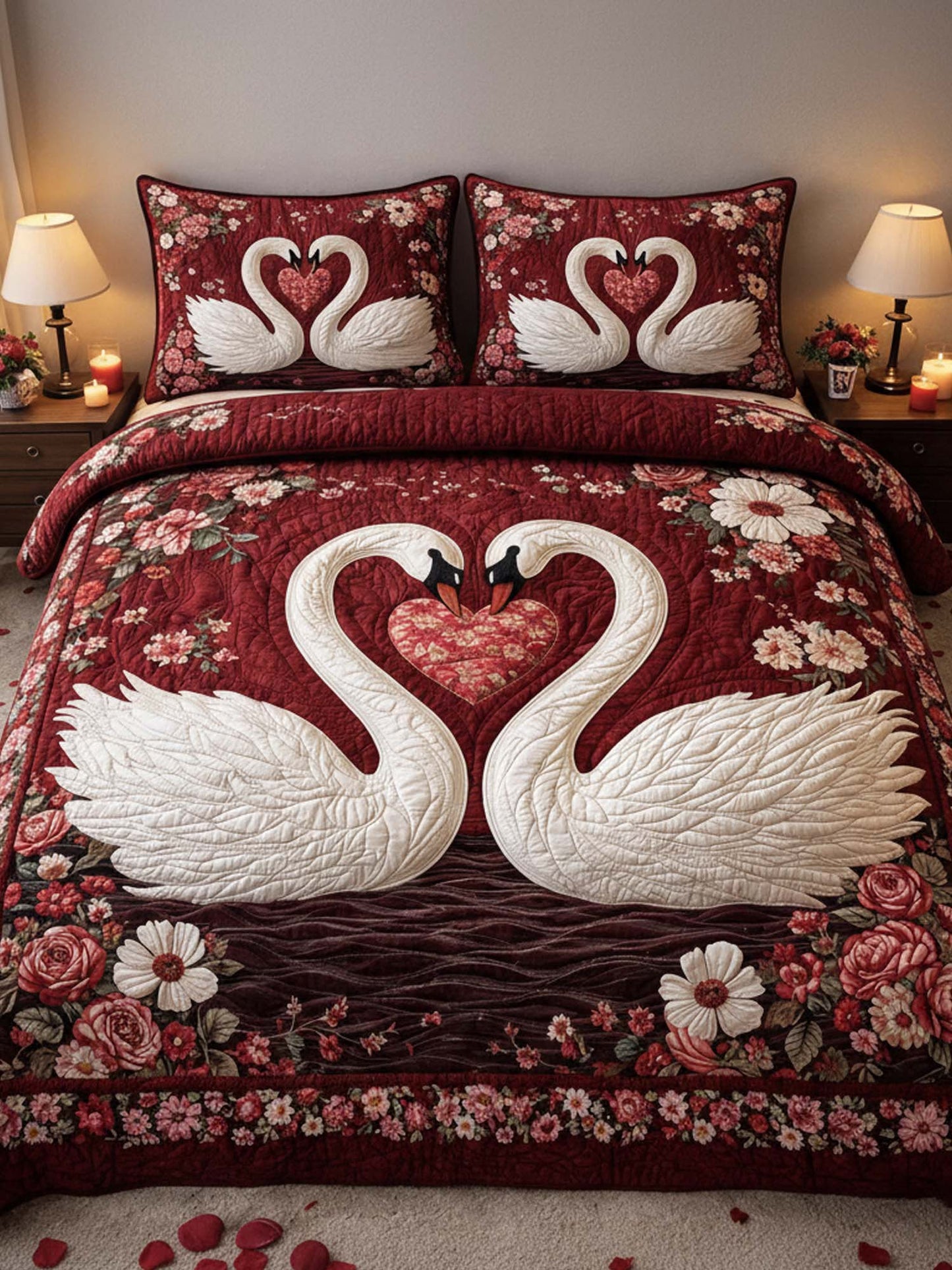 Swan Love Valentine's Day 3- Piece Quilted Bedding Set