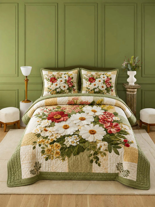 Meadow Daisy Blossom Quilted 3-Piece Bedding Set