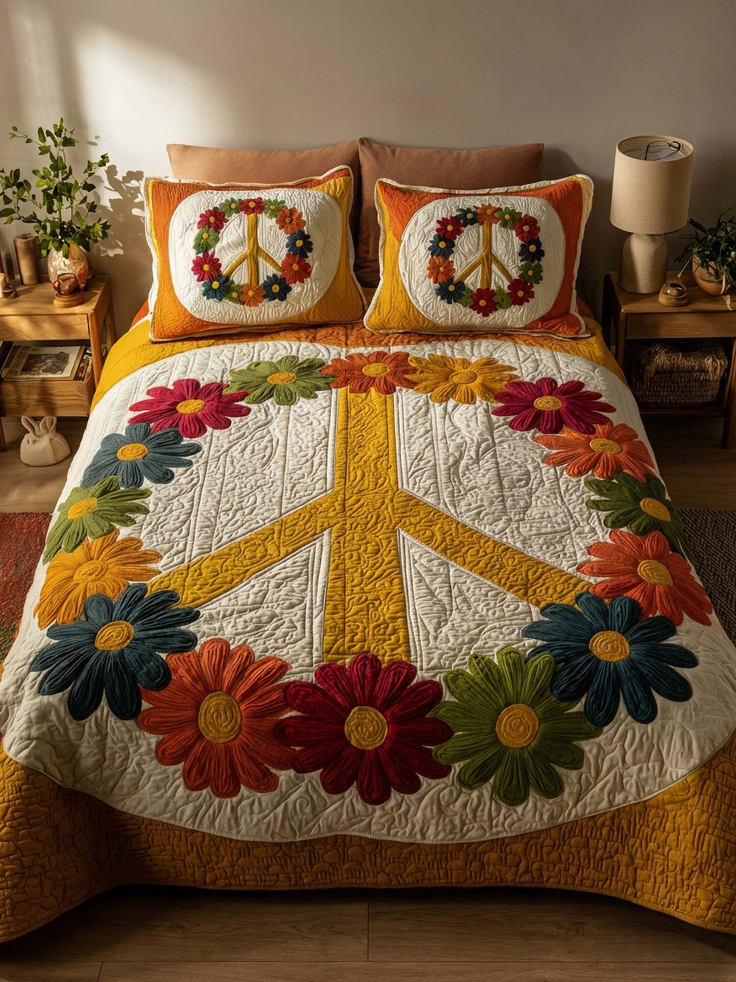 Flower Peace 3- Piece Quilted Bedding Set