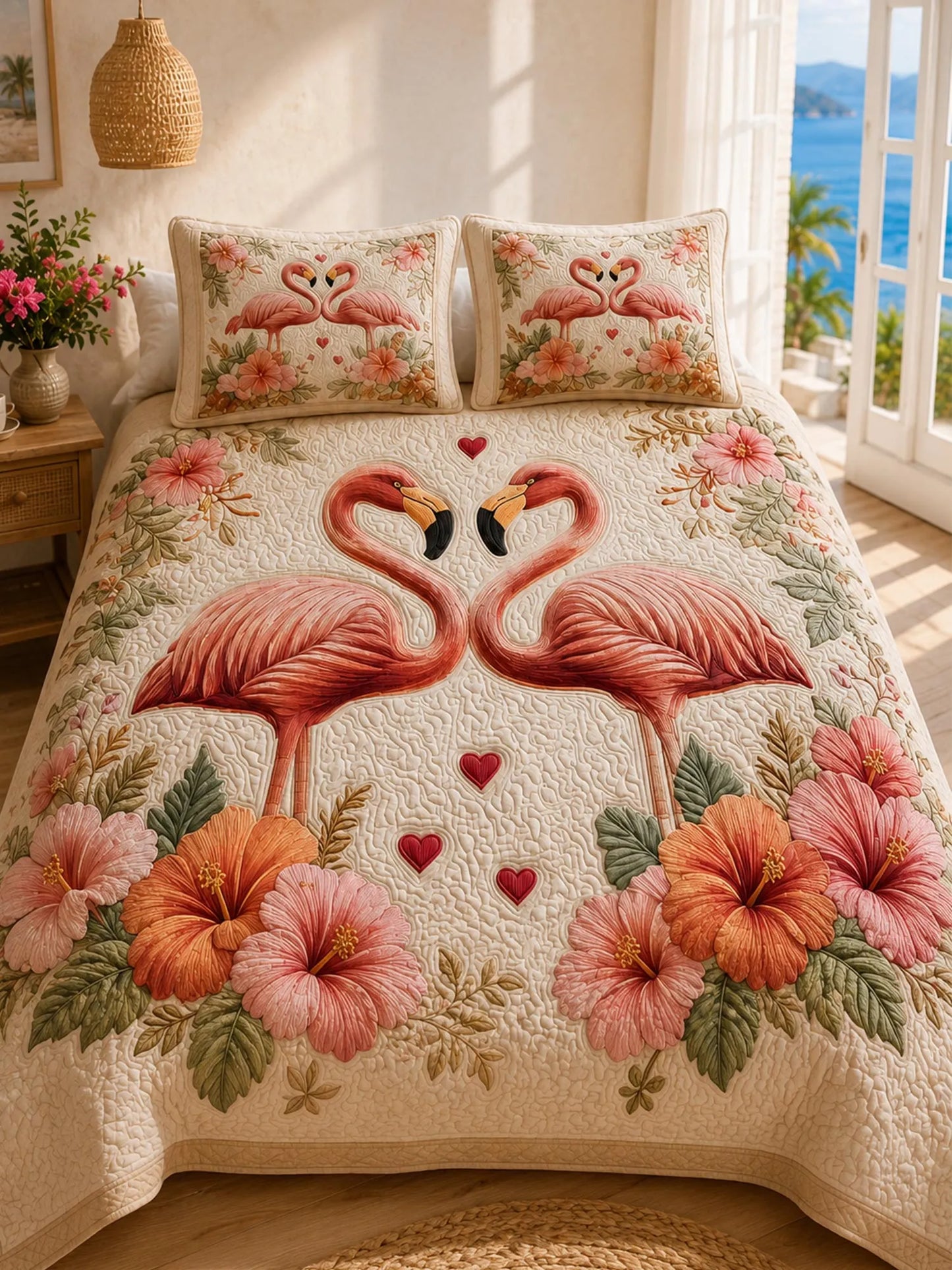 The Love Of Flamingose Valentine'S Day 3- Piece Quilted Bedding Set