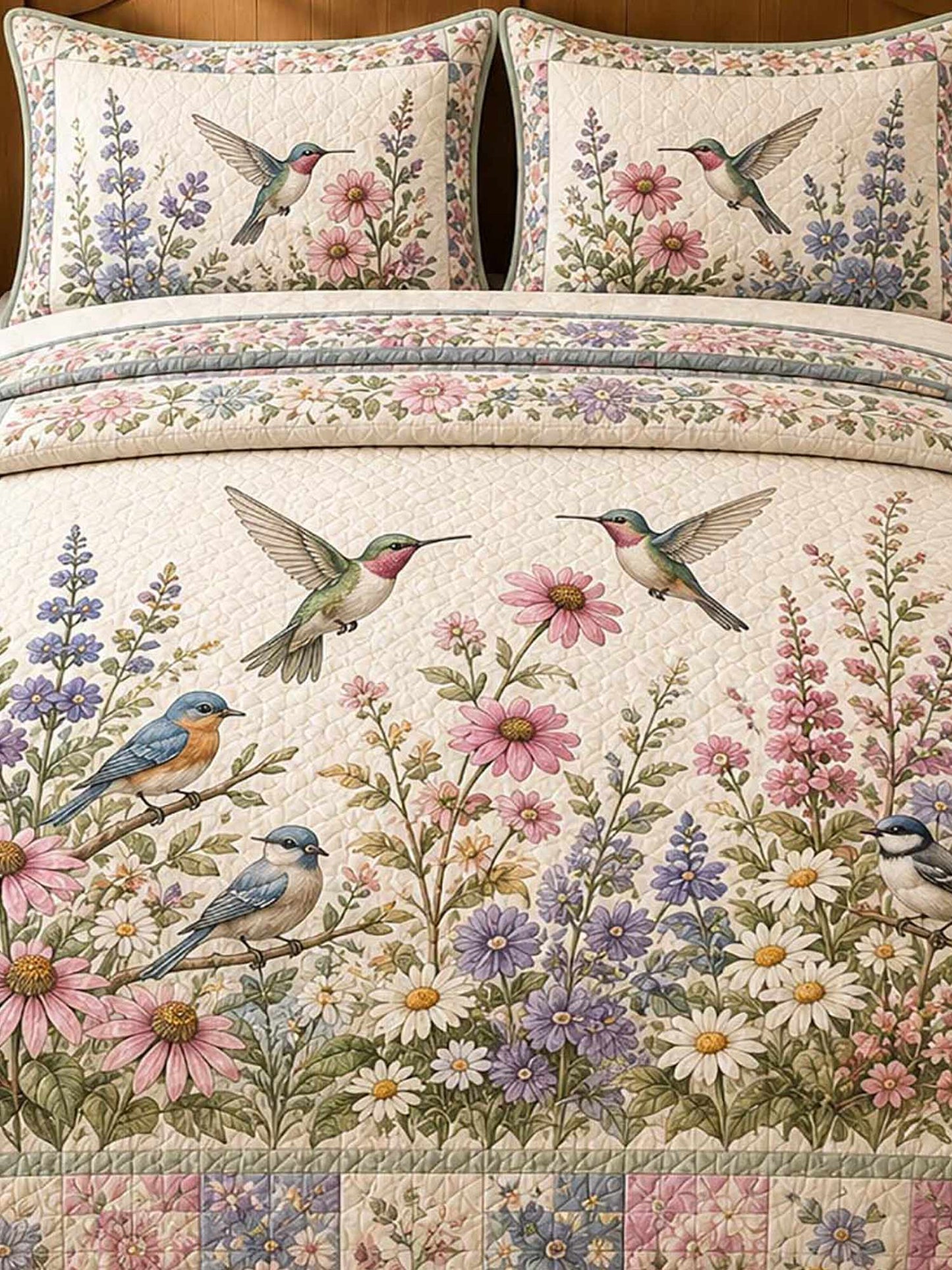 Vintage Garden Bird Mixed Floral Patchwork 3‐Piece Quilted Bedding Set