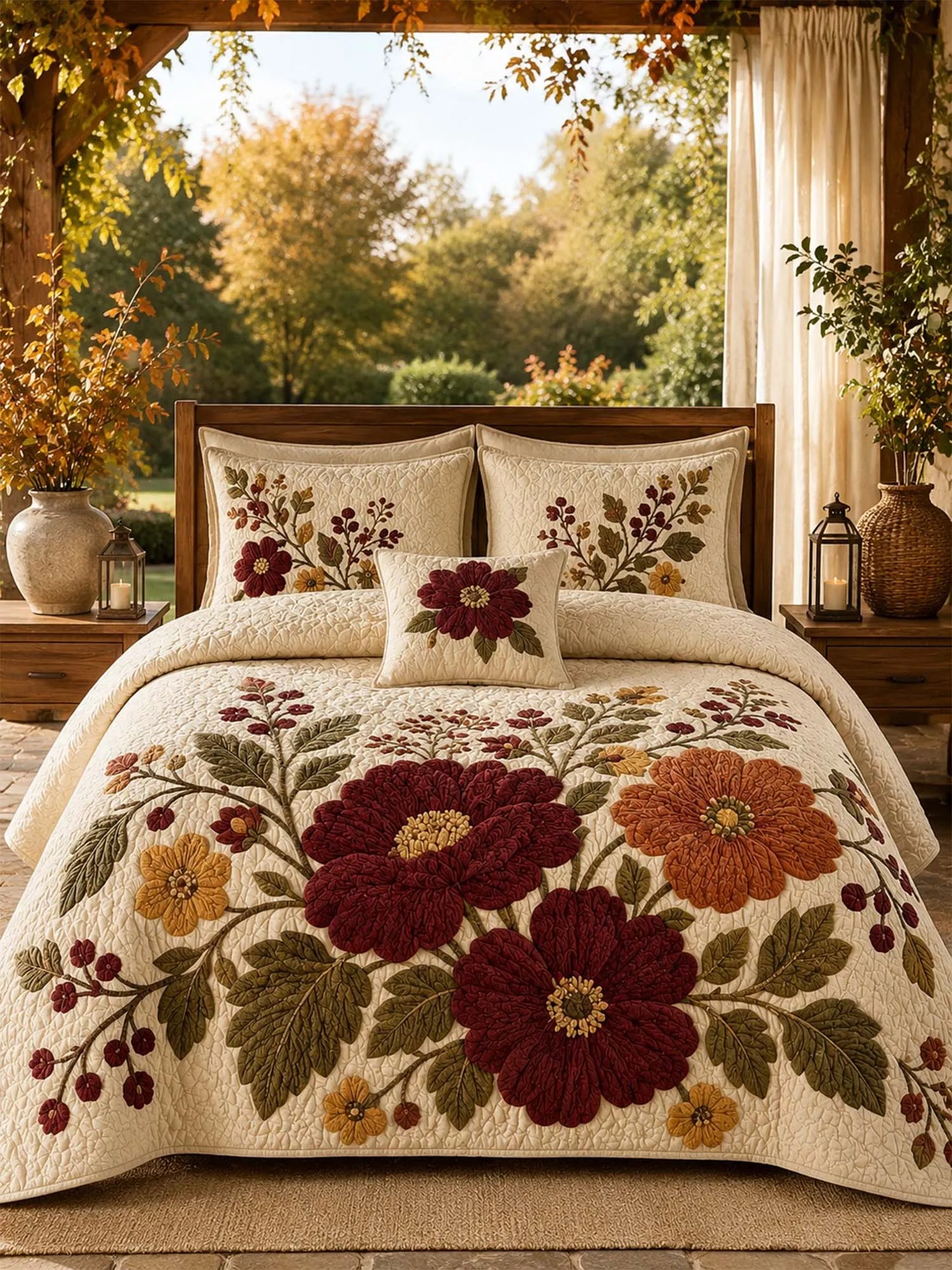 Vintage Floral Quilted 3-Piece Bedding Set – Luxury Quilted Bedding with Matching Pillow Shams