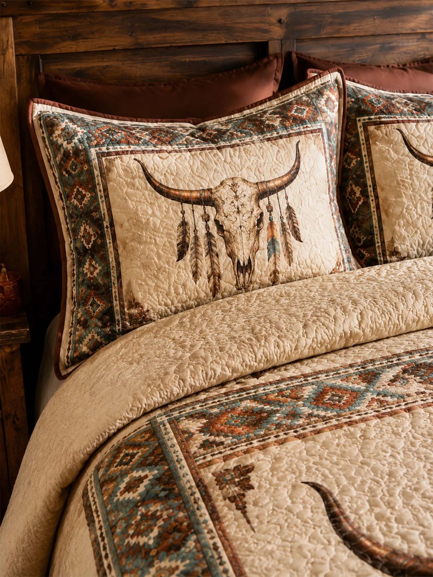 Longhorn Skull Western Quilted 3-Piece Bedding Set – Vintage Ranch Style Quilted Bedding with Matching Pillow Shams