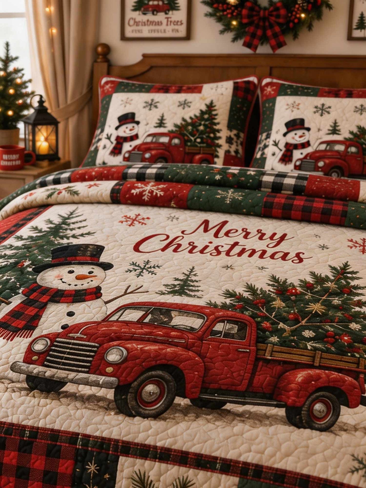 Snowman Red Truck Farmhouse Christmas 3‐Piece Quilted Bedding Set