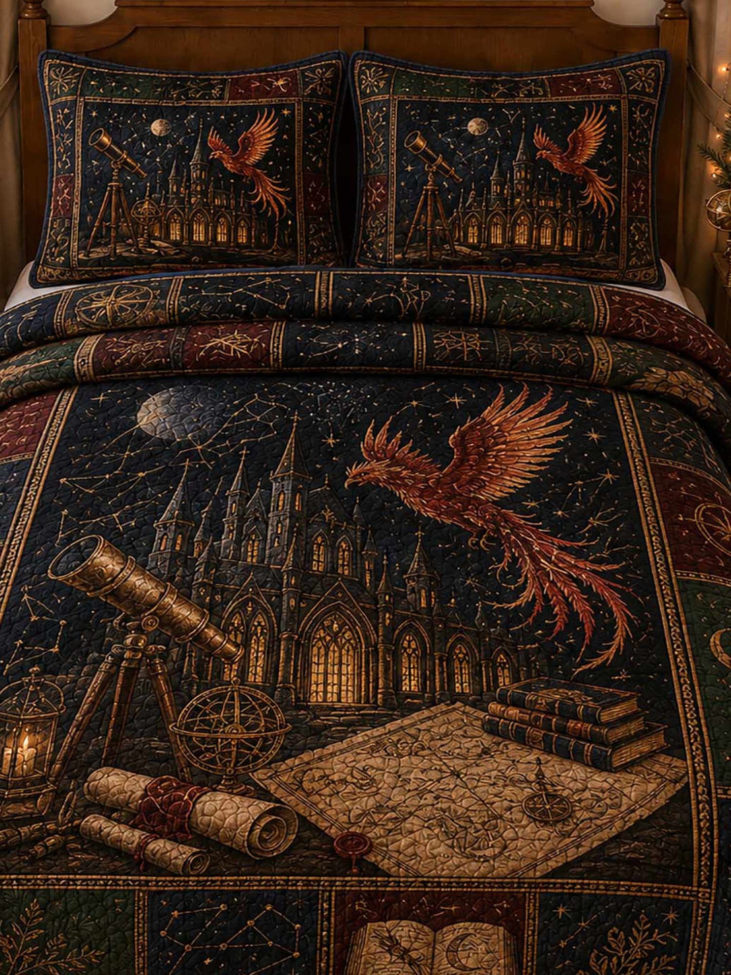 Phoenix Wizarding Castle Patchwork 3‐Piece Quilted Bedding Set