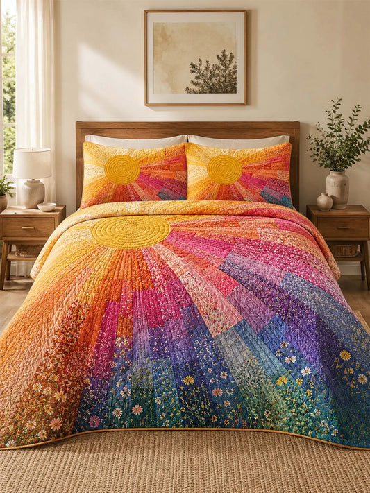 Rainbow Sunburst Quilted 3-Piece Bedding Set – Bohemian Vintage Quilted Bedding With Matching Pillow Shams