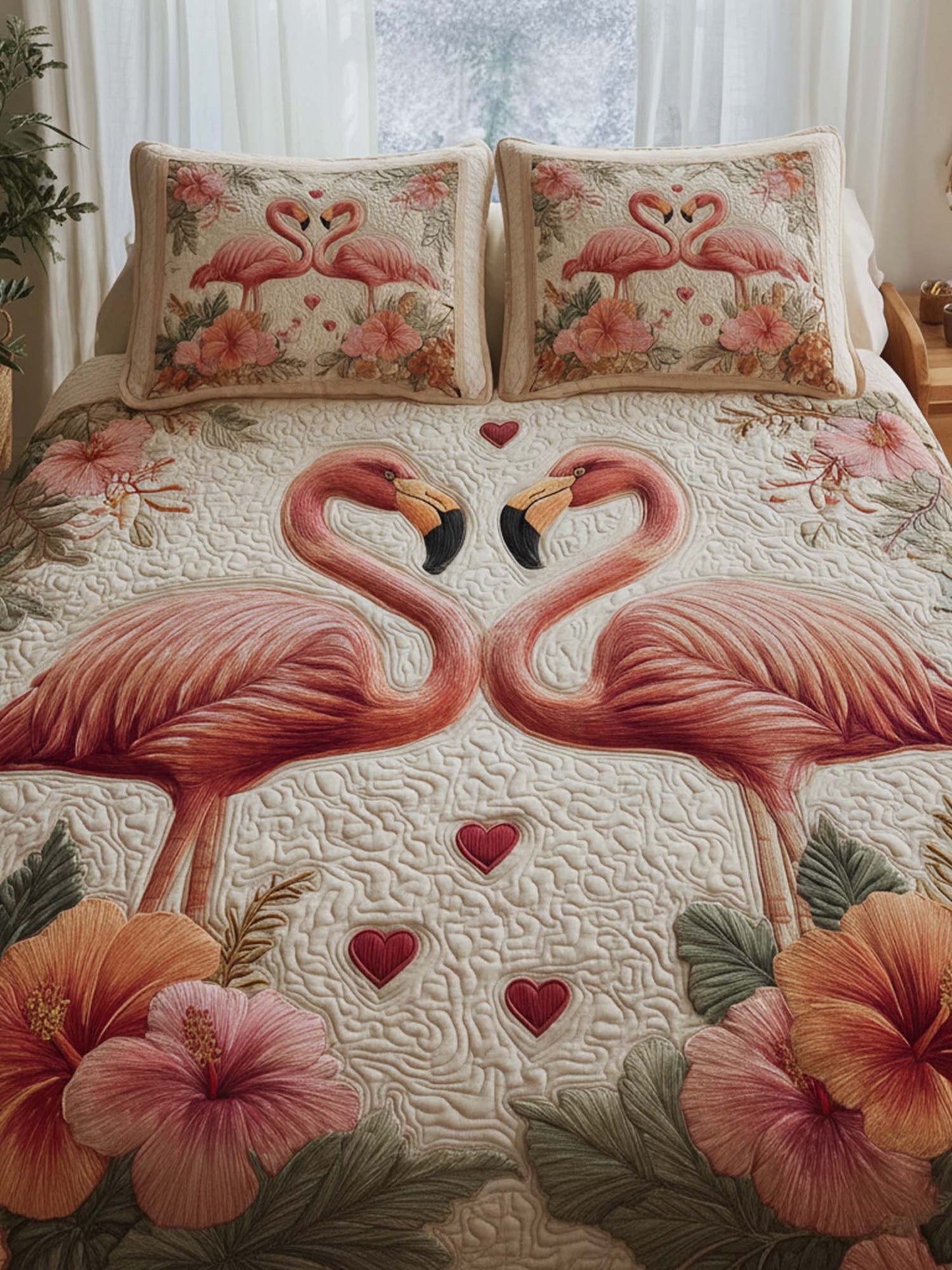 The Love Of Flamingose Valentine'S Day 3- Piece Quilted Bedding Set