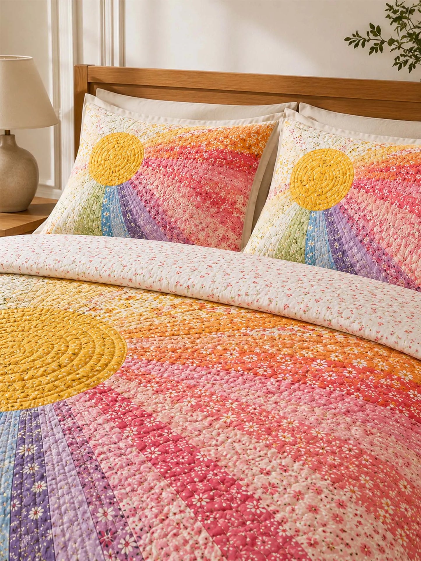 Rainbow Sunburst Quilted 3-Piece Bedding Set – Bohemian Vintage Quilted Bedding With Matching Pillow Shams