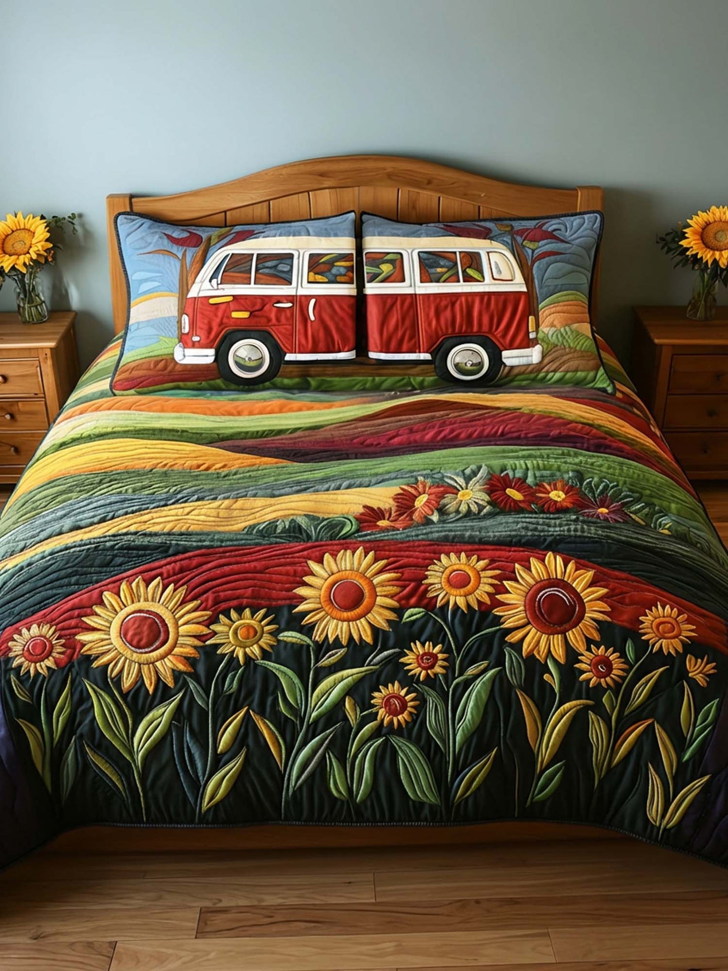 Hippie Van Flower 3- Piece Quilted Bedding Set