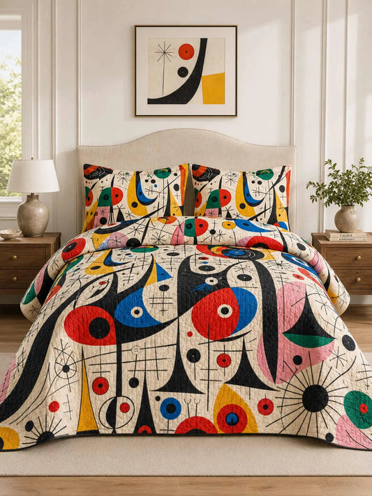 Miro‐Style Abstract Artwork Quilted 3‐Piece Bedding Set