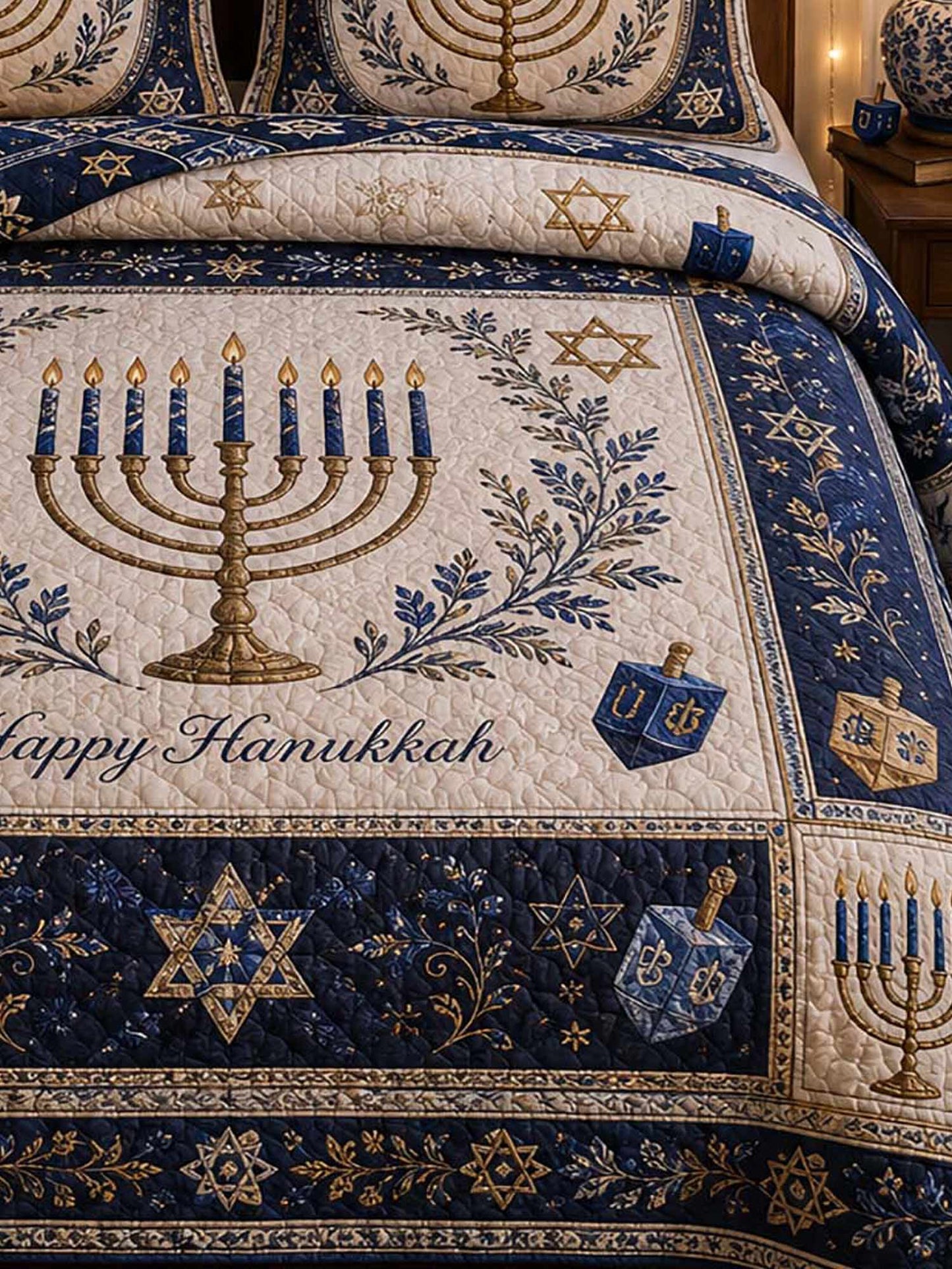 Happy Hanukkah Gold Blue Vintage 3‐Piece Quilted Bedding Set
