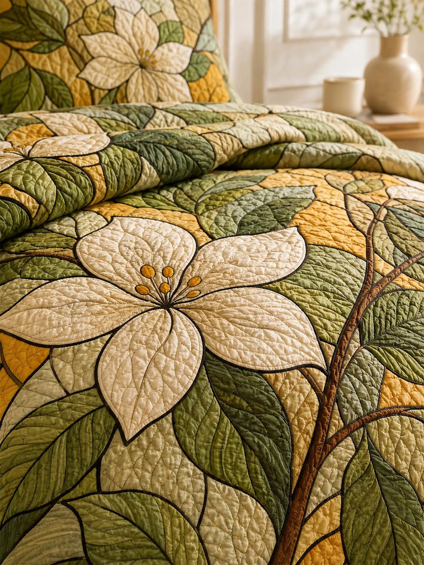Ivory Magnolia Quilted 3-Piece Bedding Set – Vintage Botanical Quilted Bedding With Matching Pillow Shams