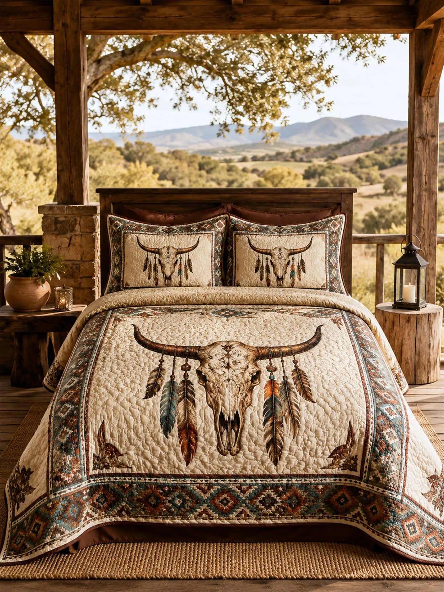 Longhorn Skull Western Quilted 3-Piece Bedding Set – Vintage Ranch Style Quilted Bedding with Matching Pillow Shams