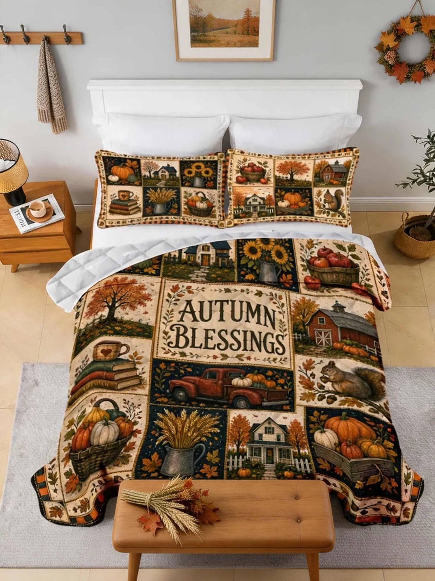 Autumn Blessings Harvest Patchwork Quilted 3‐Piece Bedding Set