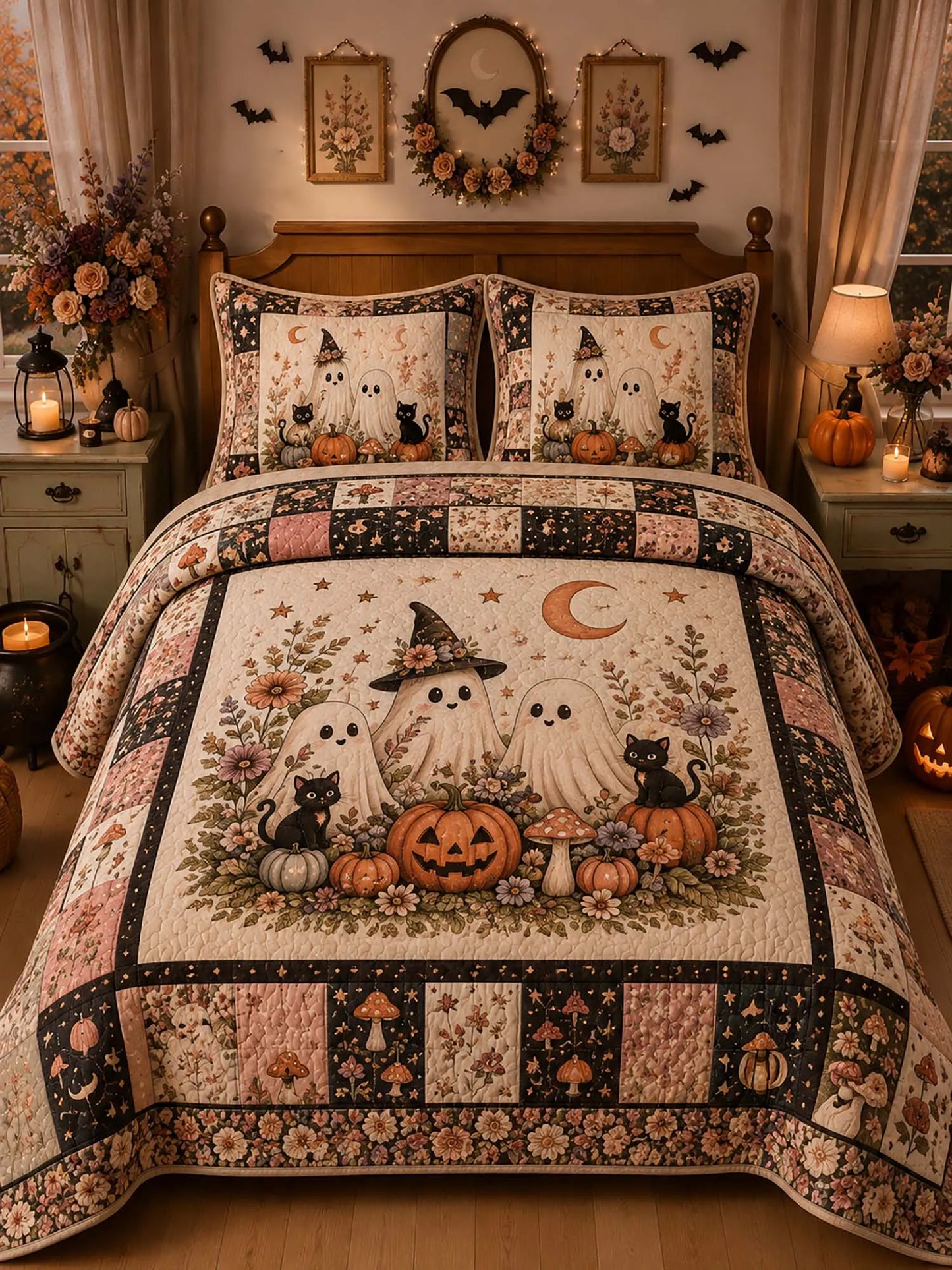 Cottage Ghost Pumpkin Black Cat Patchwork 3‐Piece Quilted Bedding Set
