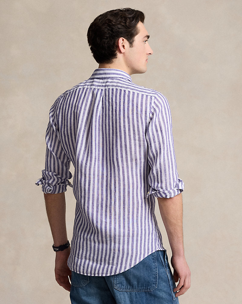 Custom Fit Striped Linen Shirt Purple/White