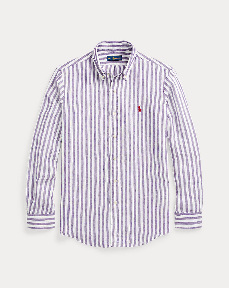 Custom Fit Striped Linen Shirt Purple/White